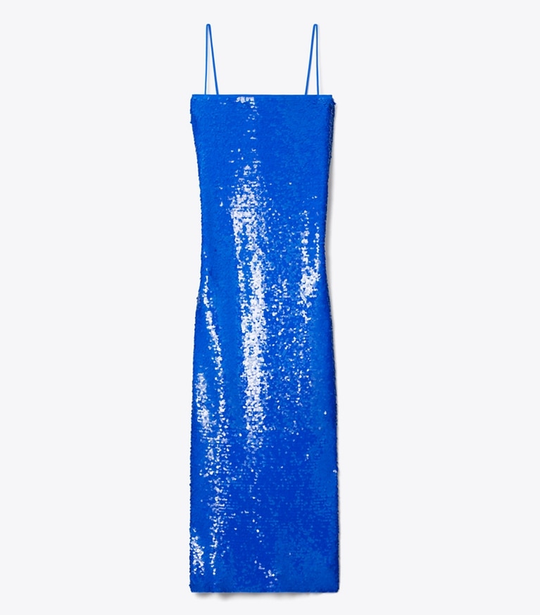Tory Burch designer dresses Sequined Mesh Dress in Bay Blue front