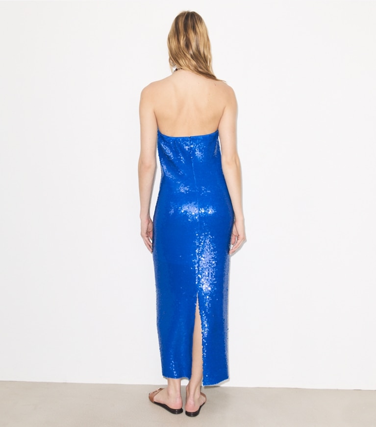 Tory Burch designer dresses Sequined Mesh Dress in Bay Blue on model back