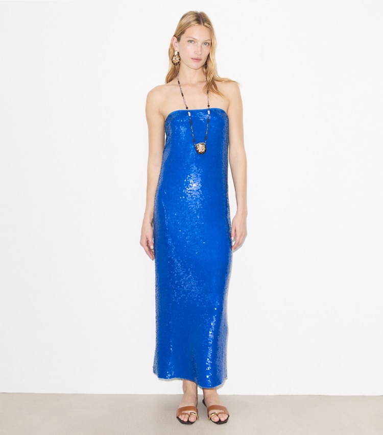 Tory Burch designer dresses Sequined Mesh Dress in Bay Blue on model front