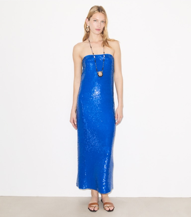 Tory Burch designer dresses Sequined Mesh Dress in Bay Blue on model front