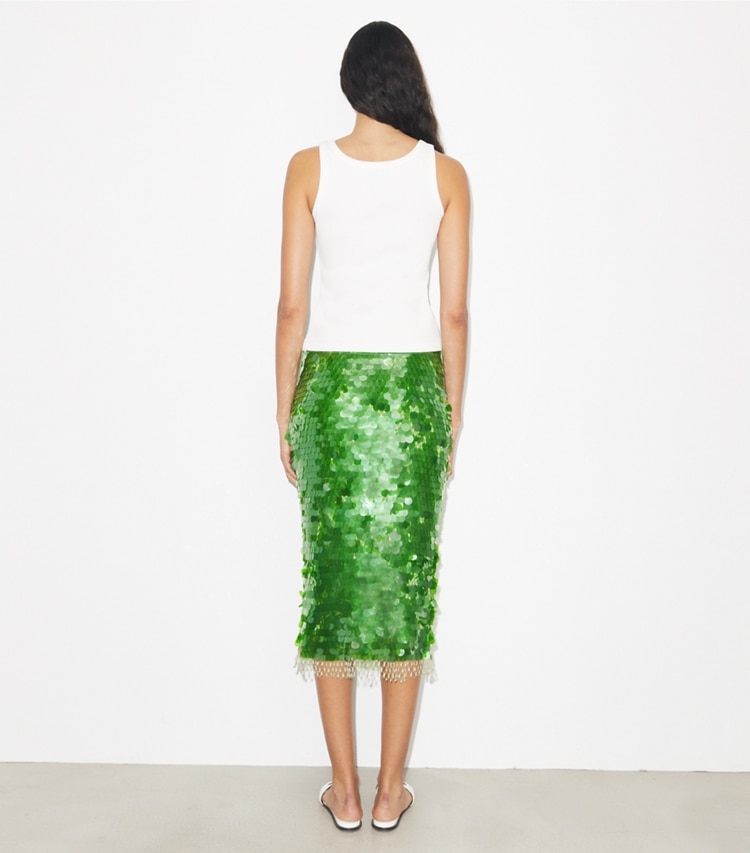 Tory Burch designer bottoms Sequined Skirt in Bright Green on model back