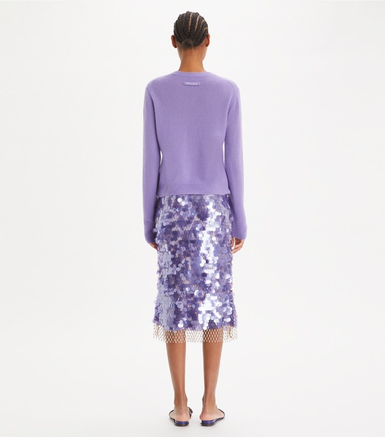 Tory Burch designer bottoms Sequined Skirt in Heirloom Lilac on model back