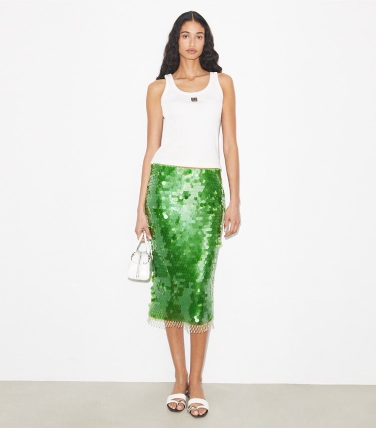 Tory Burch designer bottoms Sequined Skirt in Bright Green on model front