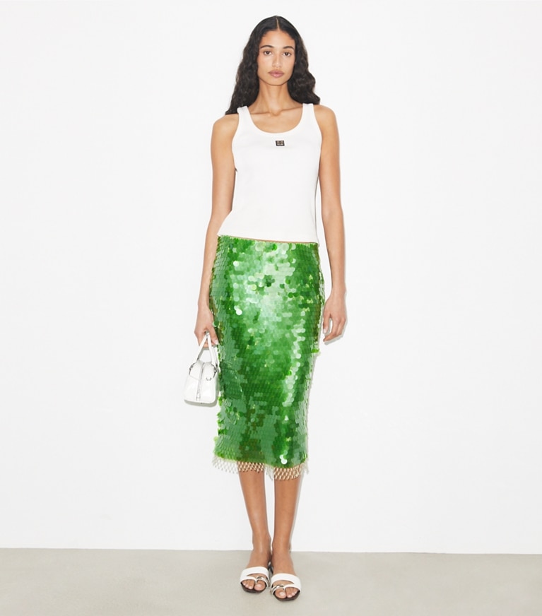 Tory Burch designer bottoms Sequined Skirt in Bright Green on model front