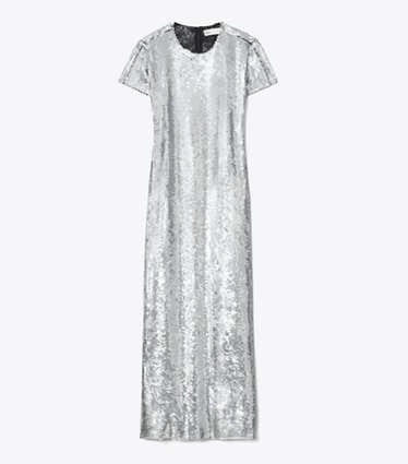 Tory Burch designer dresses Sequined T-Shirt Dress in Silver Sequins front
