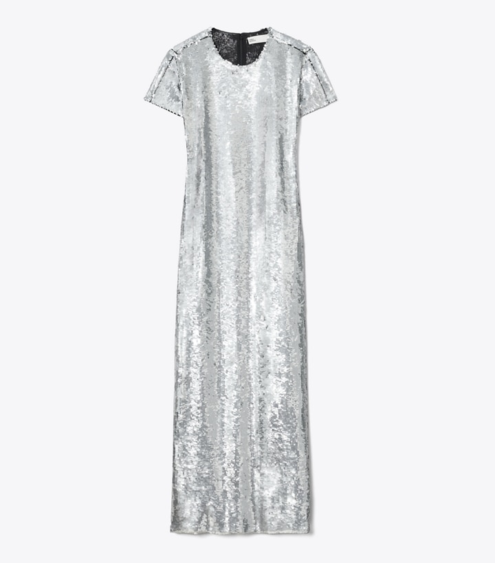 Tory Burch designer dresses Sequined T-Shirt Dress in Silver Sequins front