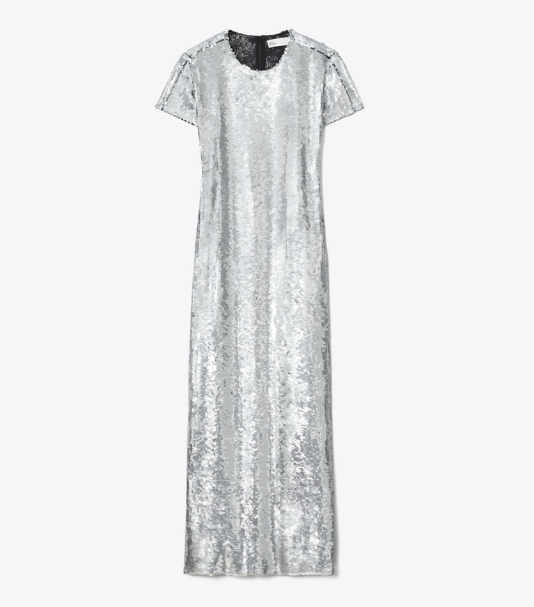 Tory Burch designer dresses Sequined T-Shirt Dress in Silver Sequins front