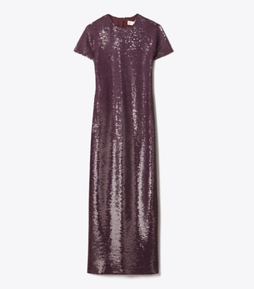 Tory Burch designer dresses Sequined T-Shirt Dress in Merlot front