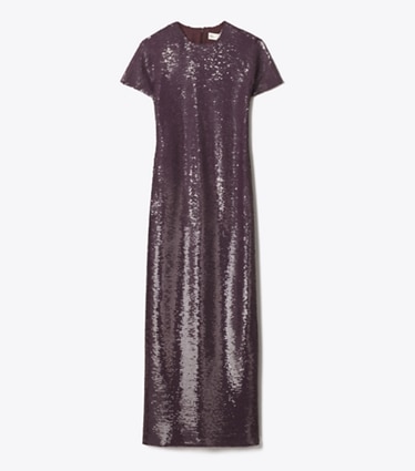 Tory Burch designer dresses Sequined T-Shirt Dress in Dark Sangria front