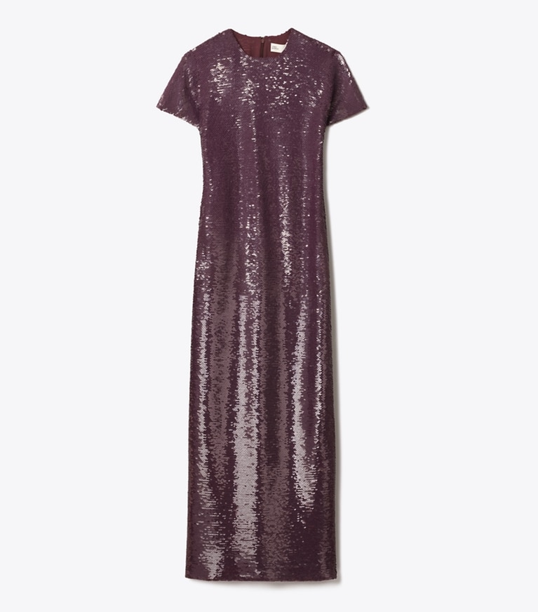 Tory Burch designer dresses Sequined T-Shirt Dress in Merlot front