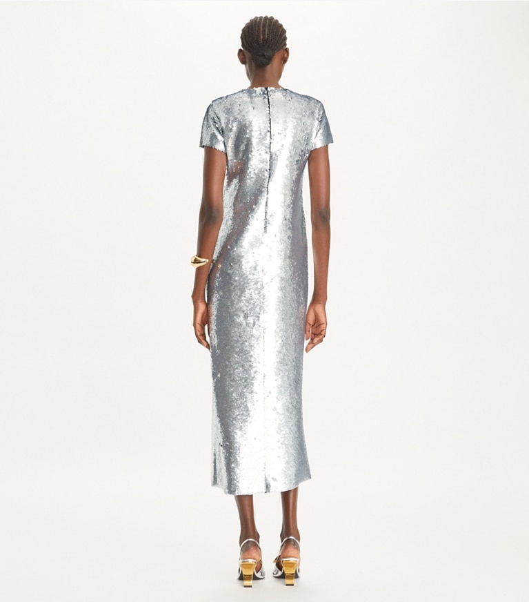 Tory Burch designer dresses Sequined T-Shirt Dress in Silver Sequins front