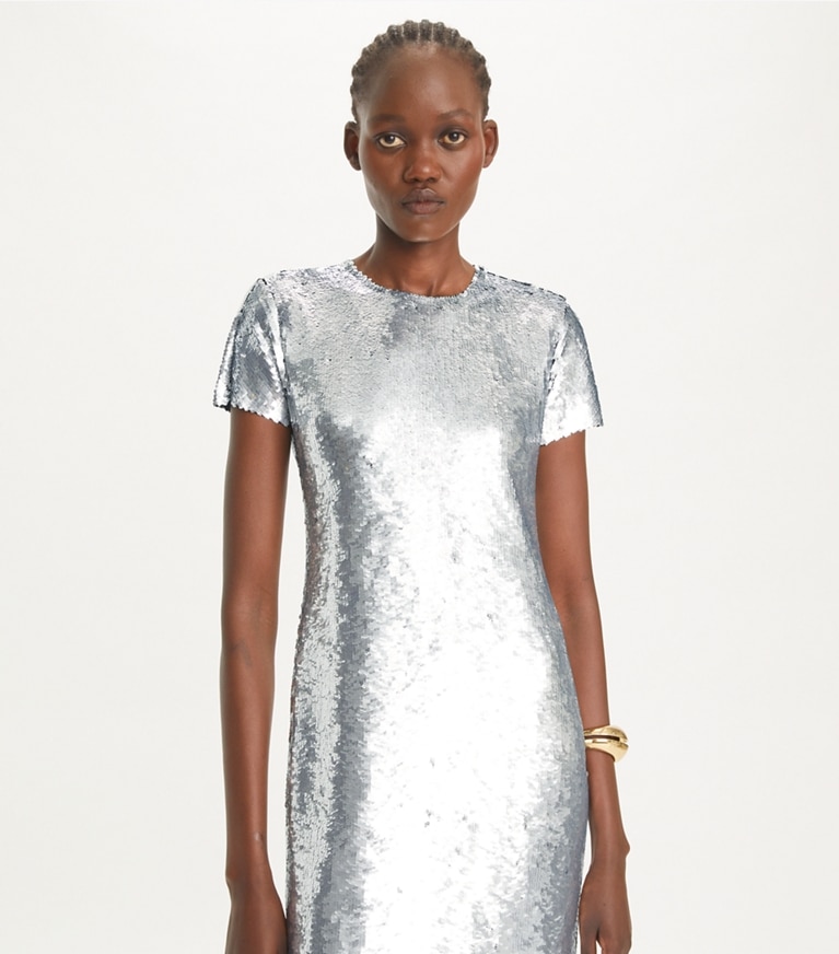 Tory Burch designer dresses Sequined T-Shirt Dress in Silver Sequins front