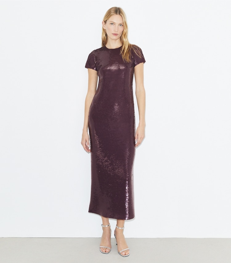 Tory Burch designer dresses Sequined T-Shirt Dress in Merlot on model front