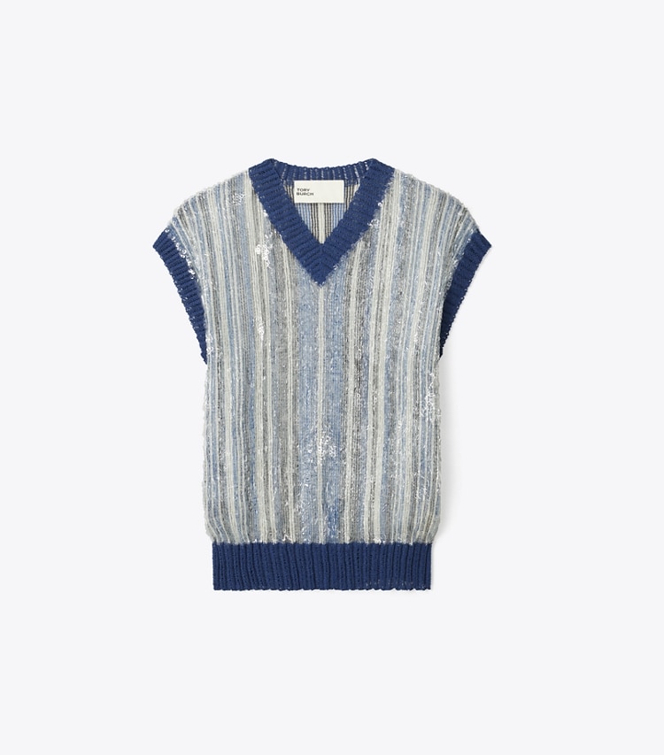 Tory Burch designer tops Sequined Vest in Silver / Blue front