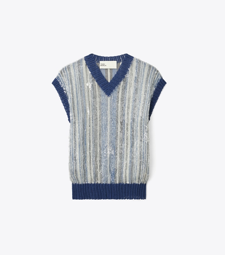Tory Burch designer tops Sequined Vest in Silver / Blue front