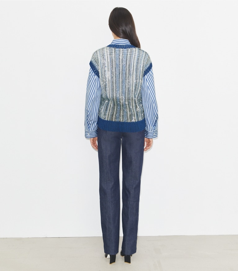 Tory Burch designer tops Sequined Vest in Silver / Blue front