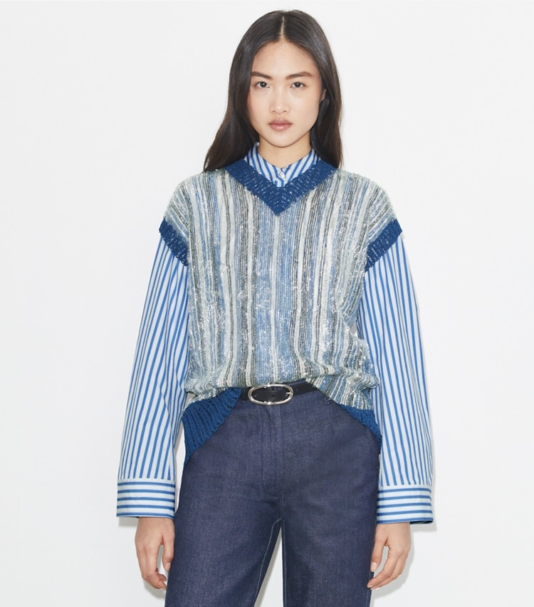 Tory Burch designer tops Sequined Vest in Silver / Blue on model detail