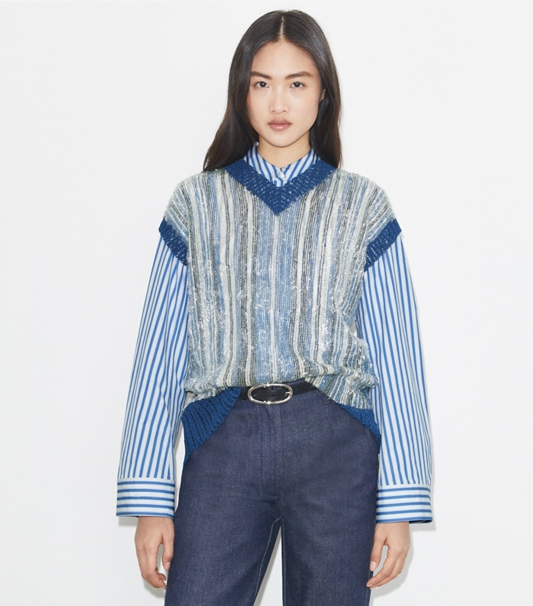 Tory Burch designer tops Sequined Vest in Silver / Blue front