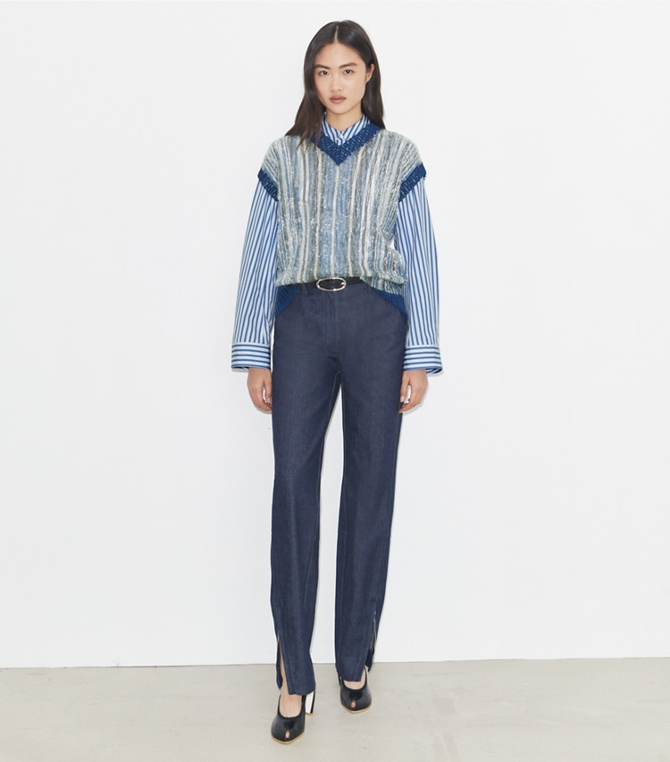 Tory Burch designer tops Sequined Vest in Silver / Blue on model front