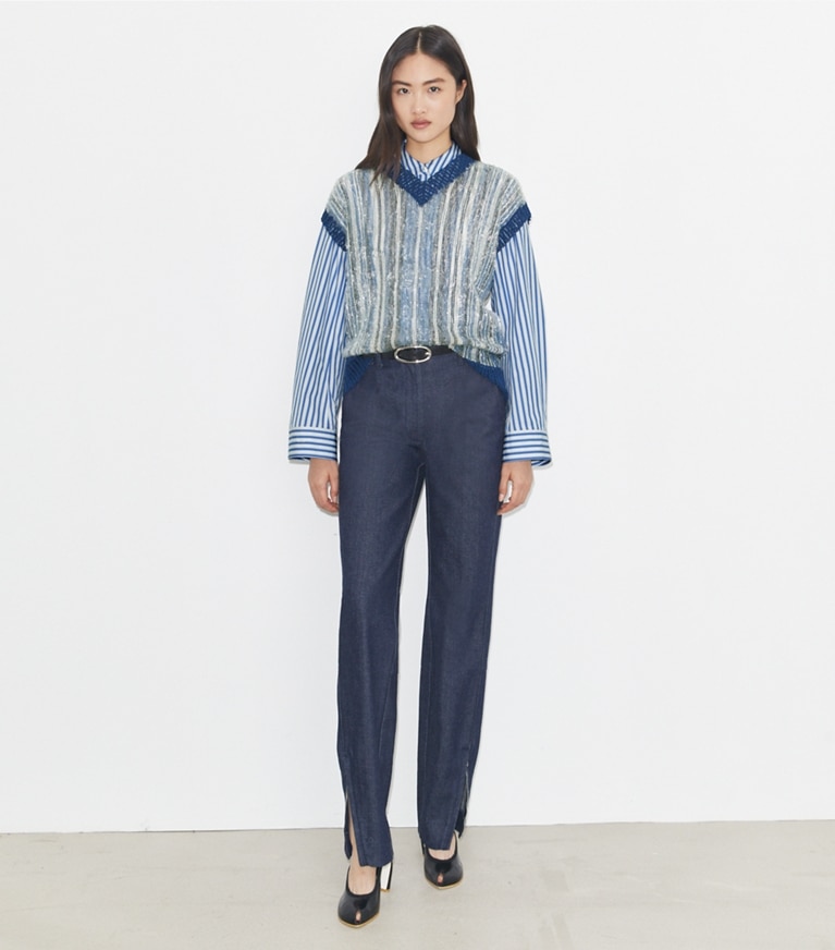 Tory Burch designer tops Sequined Vest in Silver / Blue front