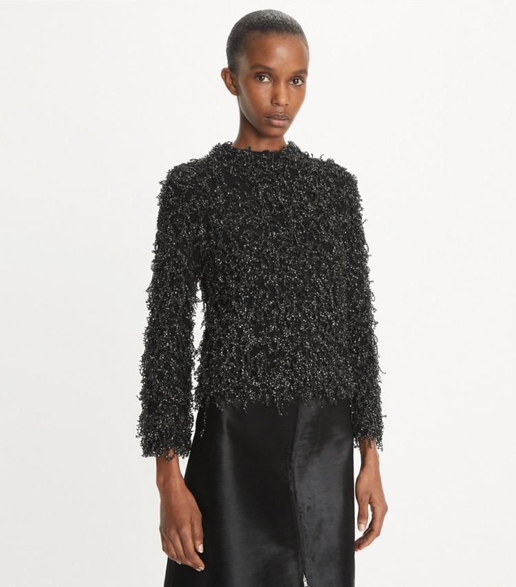Tory Burch designer sweaters Sequined Wool Sweater in Black on model detail