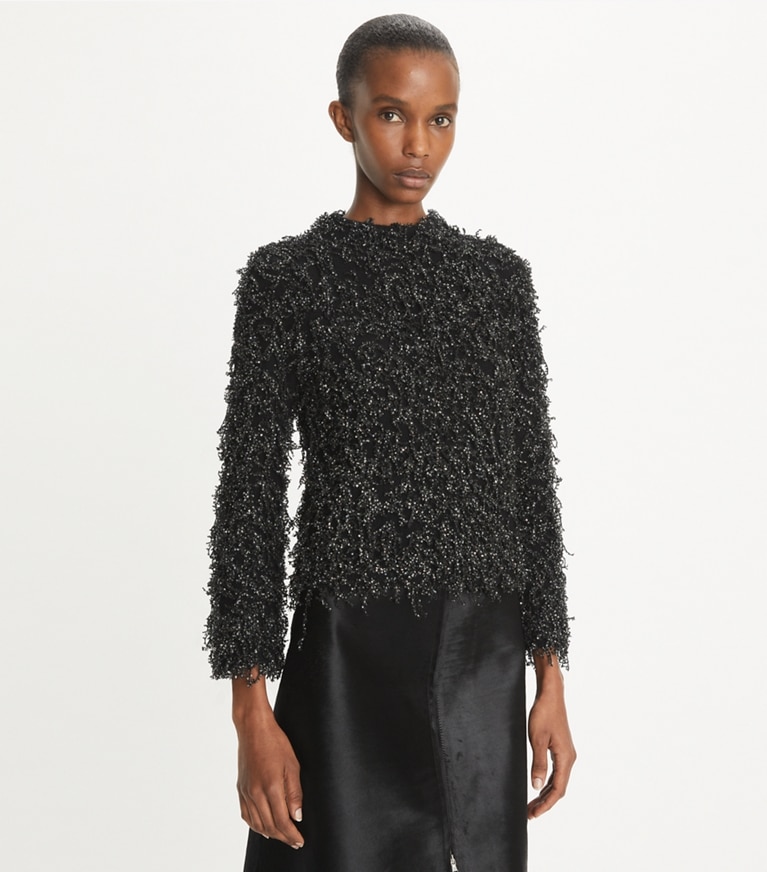 Tory Burch designer sweaters Sequined Wool Sweater in Black front