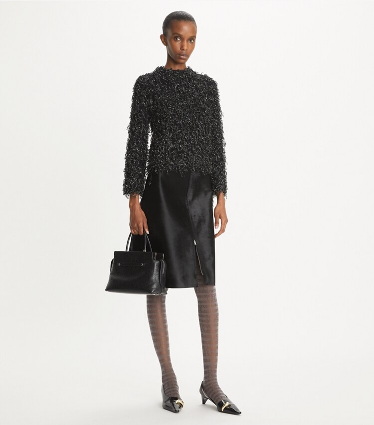 Tory Burch designer sweaters Sequined Wool Sweater in Black on model front