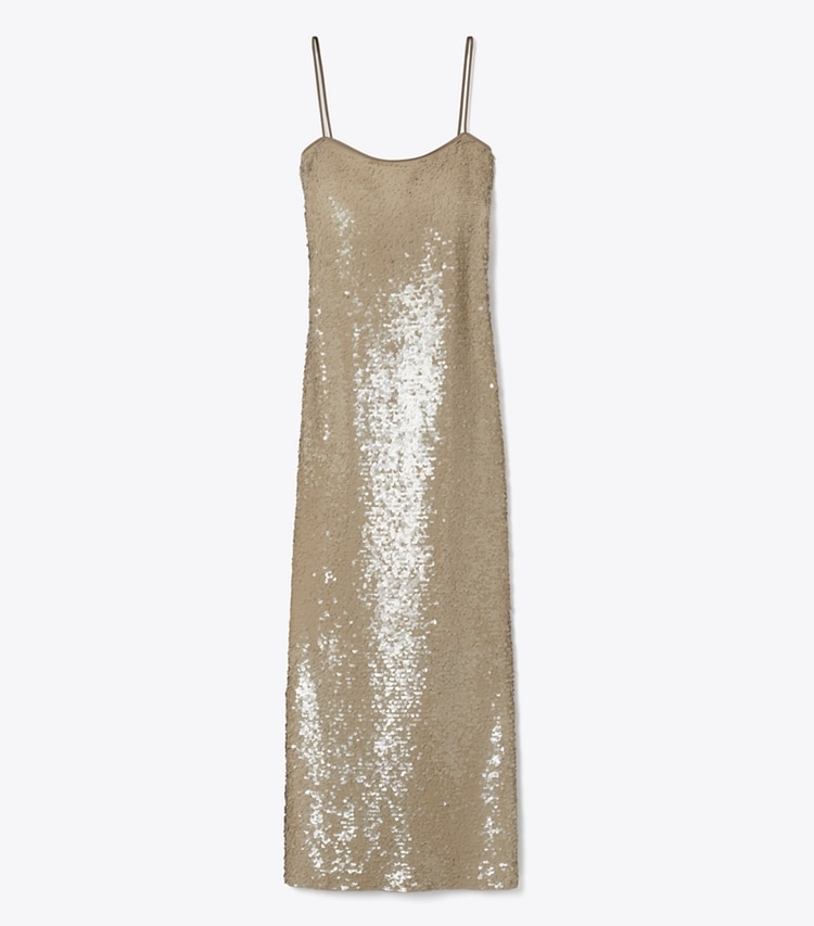 Tory Burch designer dresses Sequins Mesh Dress in Taupe front