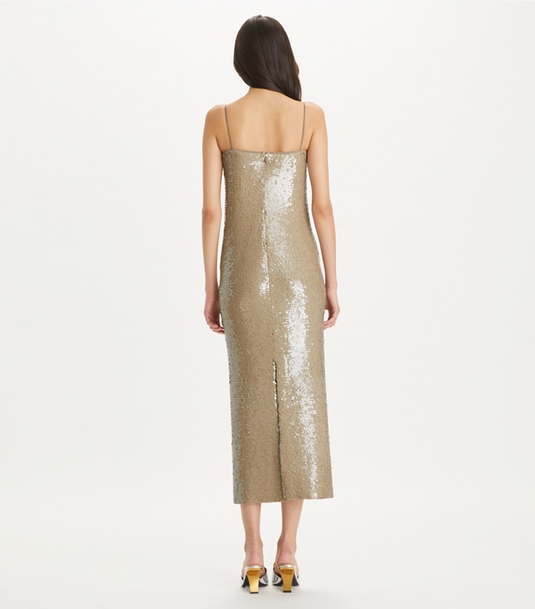 Tory Burch designer dresses Sequins Mesh Dress in Taupe on model back