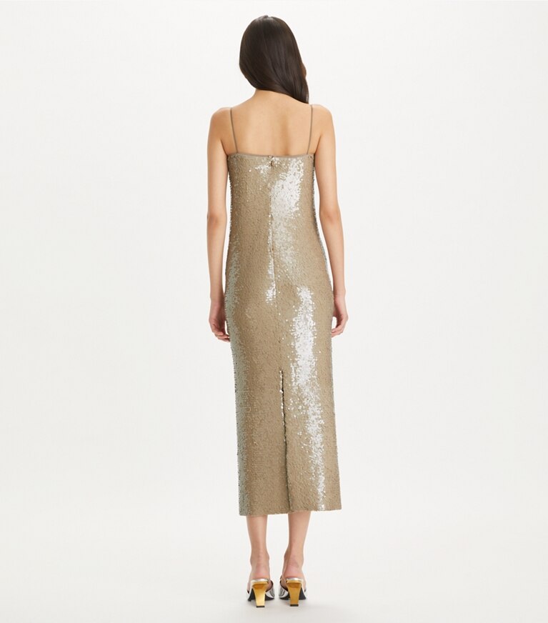 Tory Burch designer dresses Sequins Mesh Dress in Taupe front
