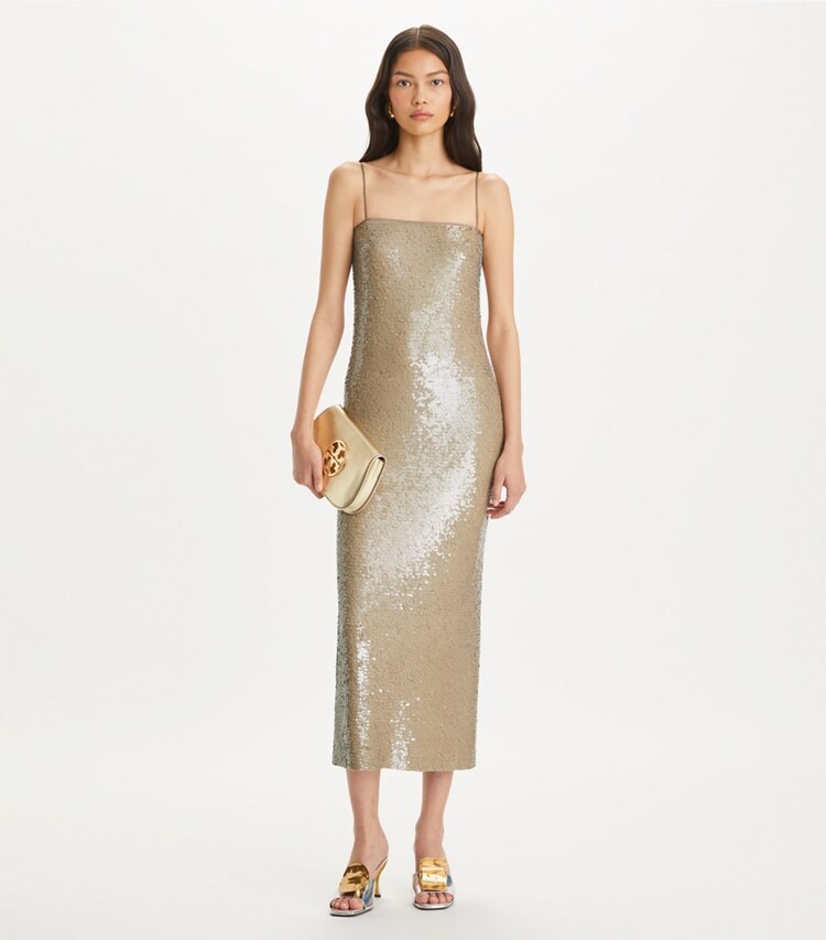 Tory Burch designer dresses Sequins Mesh Dress in Taupe on model front