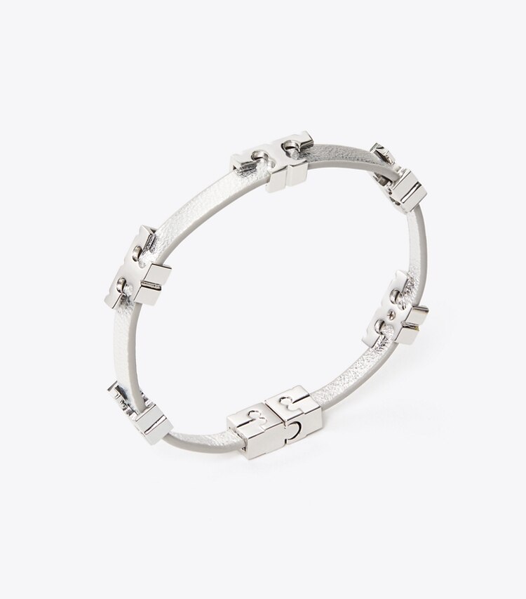 Tory Burch designer bracelets Serif-T Metallic Single-Wrap Bracelet in Tory Silver Metallic detail