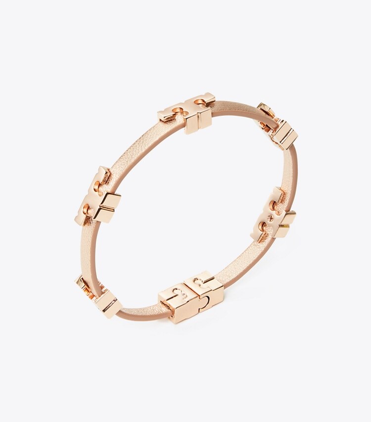 Tory Burch designer bracelets Serif-T Metallic Single-Wrap Bracelet in Rose Gold Metallic detail