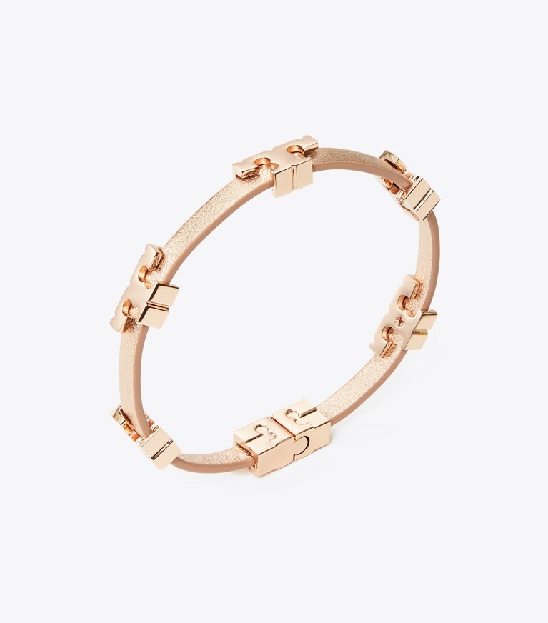Tory Burch designer bracelets Serif-T Metallic Single-Wrap Bracelet in Rose Gold Metallic detail