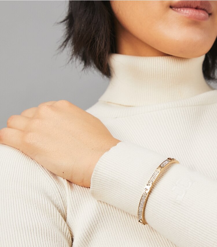 Tory Burch designer bracelets Serif-T Pavé Hinged Bracelet in Brass / Crystal additional on model