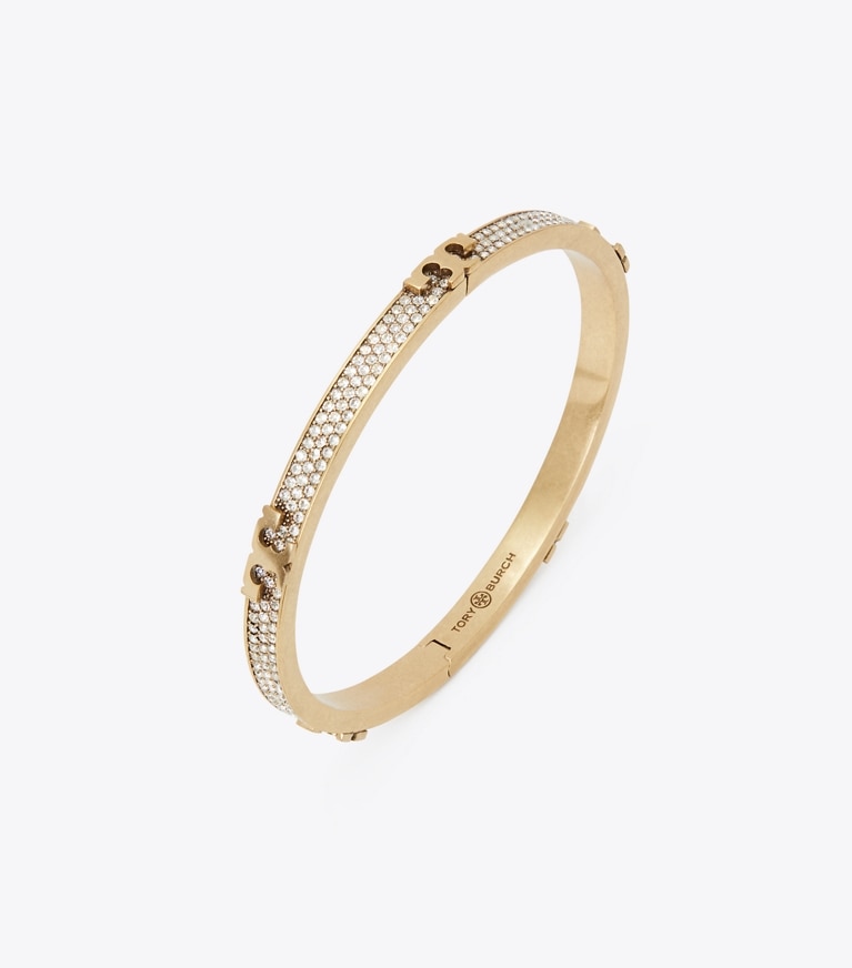 Tory Burch designer bracelets Serif-T Pavé Hinged Bracelet in Brass / Crystal front