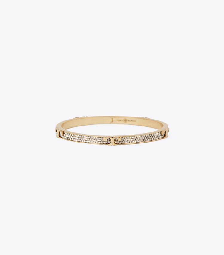 Tory Burch designer bracelets Serif-T Pavé Hinged Bracelet in Brass / Crystal front