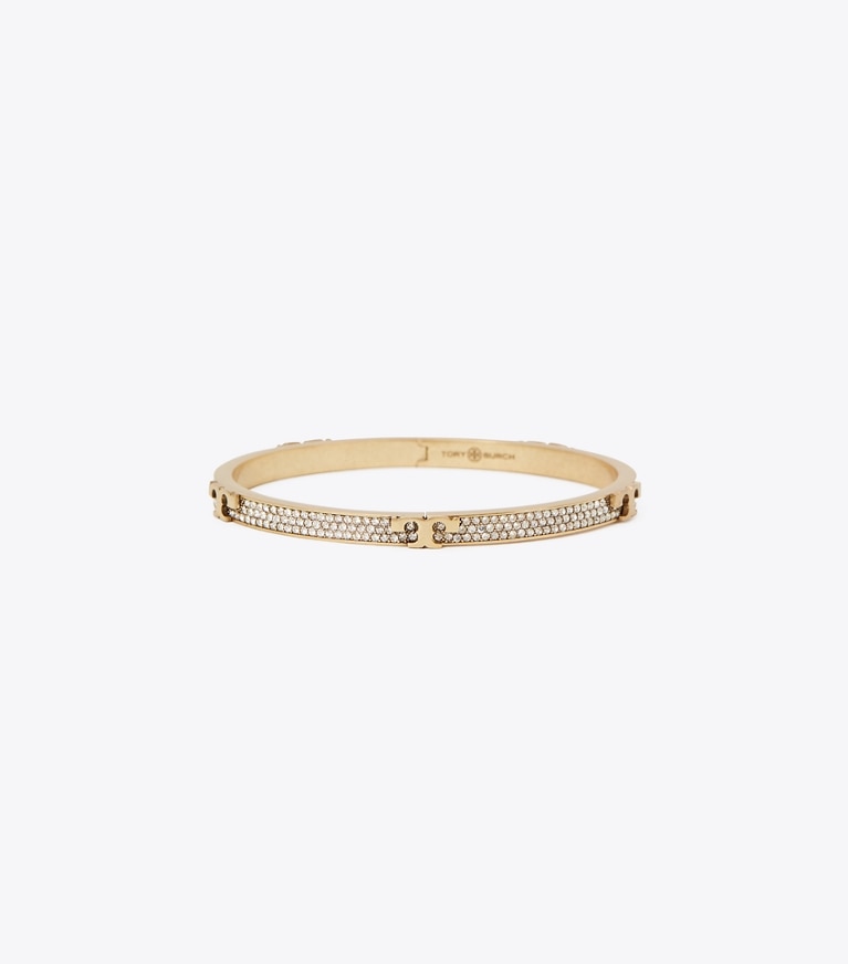 Tory Burch designer bracelets Serif-T Pavé Hinged Bracelet in Brass / Crystal front
