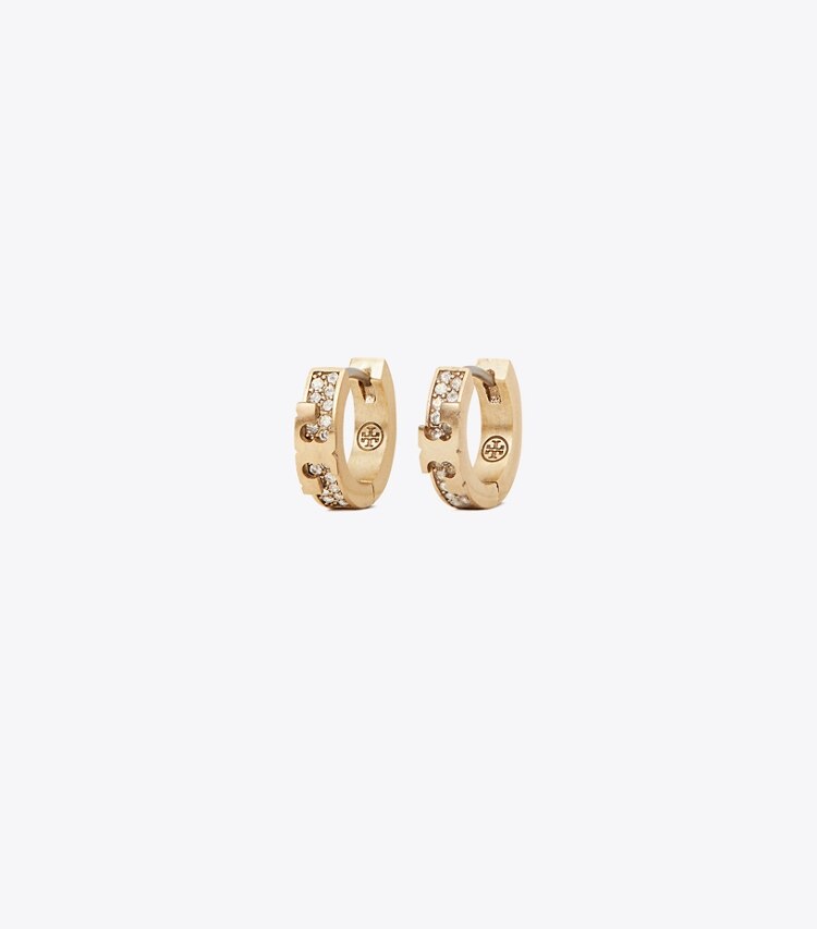 Tory Burch designer earrings Serif-T Pavé Huggie Hoop in Brass / Crystal front