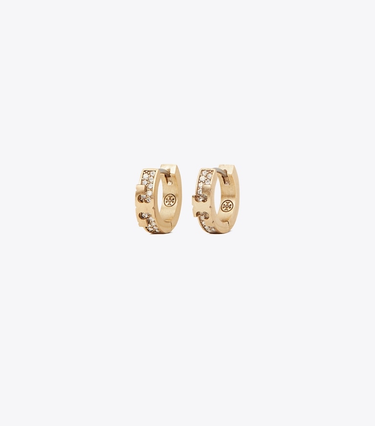 Tory Burch designer earrings Serif-T Pavé Huggie Hoop in Brass / Crystal front