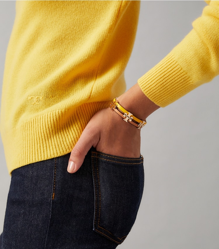 Tory Burch designer bracelets Serif-T Single-Wrap Bracelet in Tory Gold / Lemon Drop accessory on model