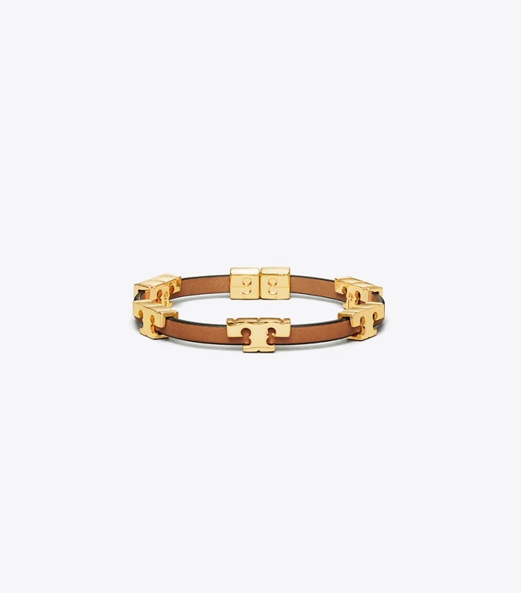 Tory Burch designer bracelets Serif-T Single Wrap Bracelet in Tory Gold/Coconut/Vachetta front