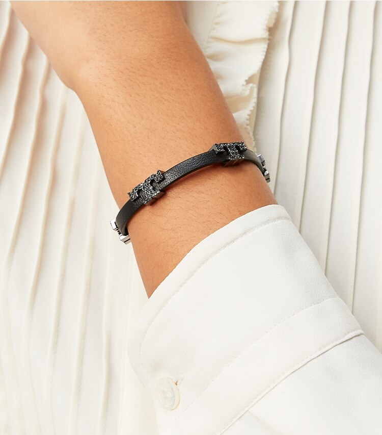 Tory Burch designer bracelets Serif-T Single-Wrap Pavé Bracelet in Hematite / Black / Crystal accessory on model