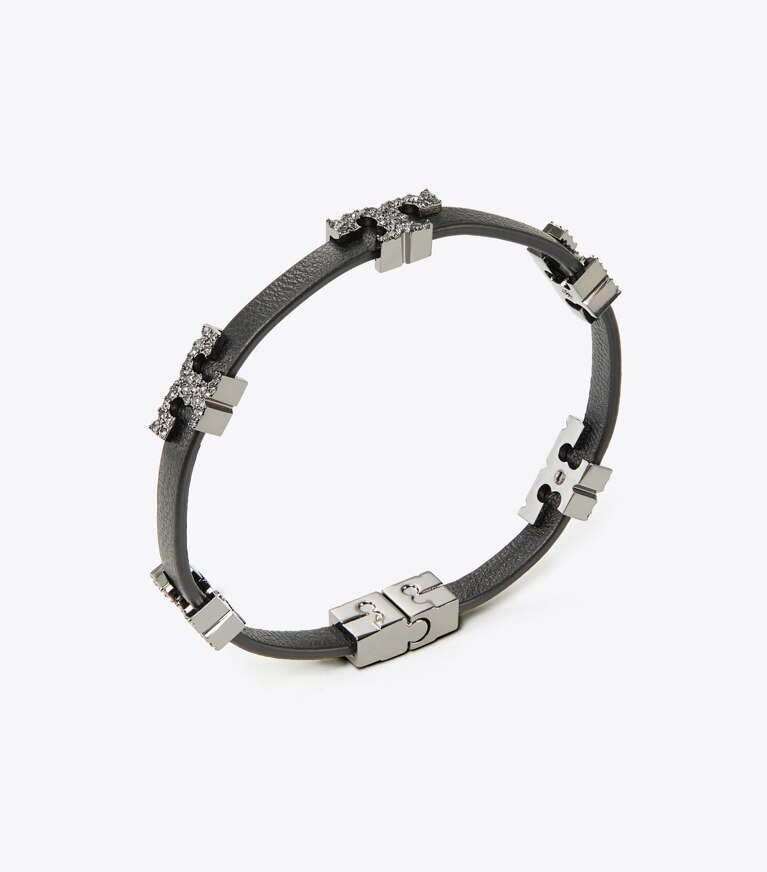 Tory Burch designer bracelets Serif-T Single-Wrap Pavé Bracelet in Hematite / Black / Crystal front