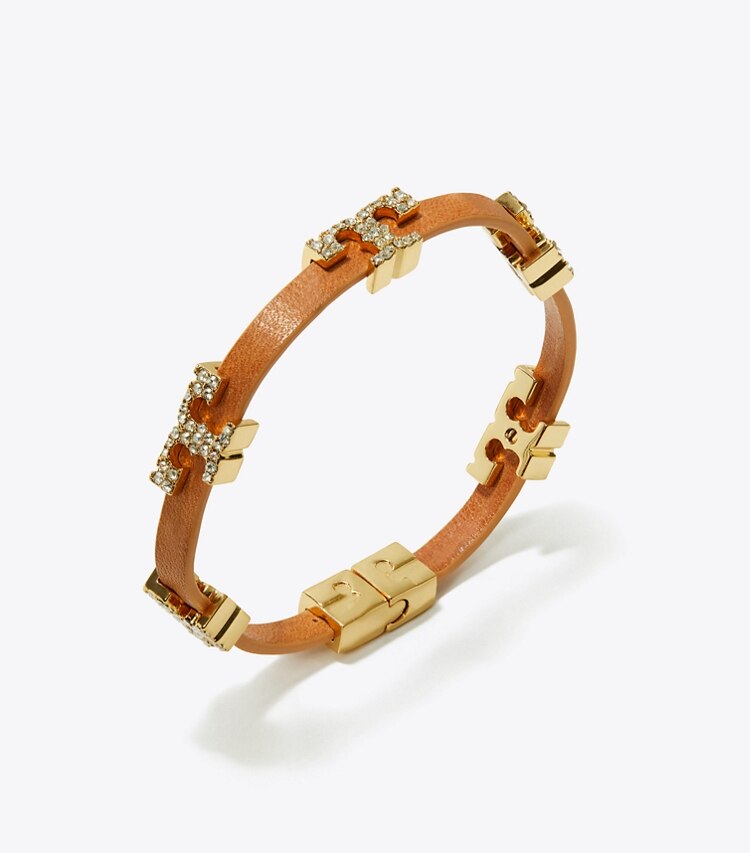 Tory Burch designer bracelets Serif-T Single-Wrap Pavé Bracelet in Tory Gold / Vachetta / Crystal detail