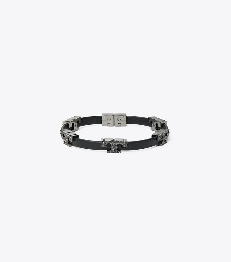 Tory Burch designer bracelets Serif-T Single-Wrap Pavé Bracelet in Hematite / Black / Crystal front