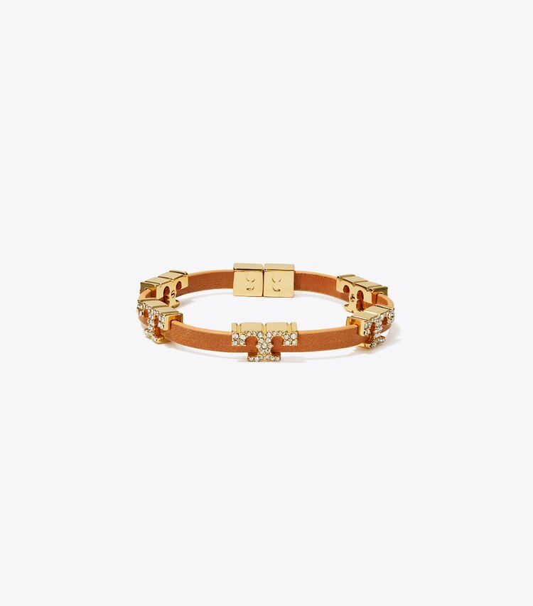 Tory Burch designer bracelets Serif-T Single-Wrap Pavé Bracelet in Tory Gold / Vachetta / Crystal front