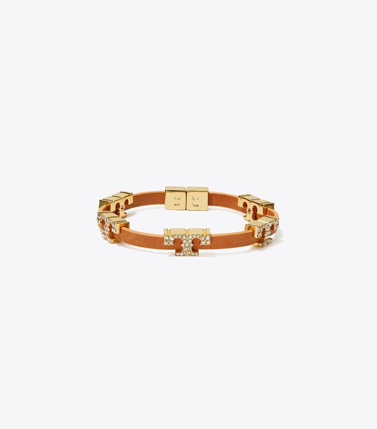 Tory Burch designer bracelets Serif-T Single-Wrap Pavé Bracelet in Tory Gold / Vachetta / Crystal front