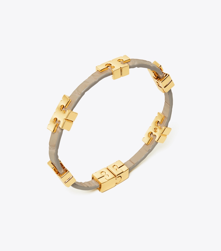 Tory Burch designer bracelets Serif-T Stackable Croc Embossed Bracelet in Tory Gold / Jamaica Sand detail