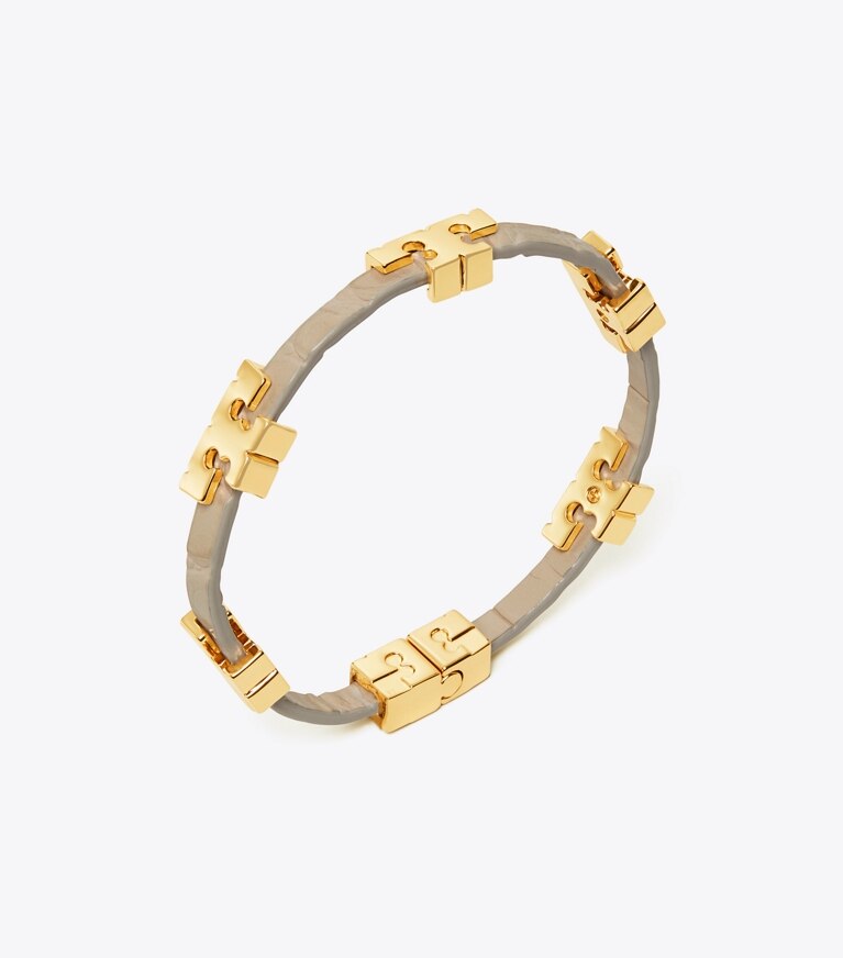 Tory Burch designer bracelets Serif-T Stackable Croc Embossed Bracelet in Tory Gold / Jamaica Sand detail